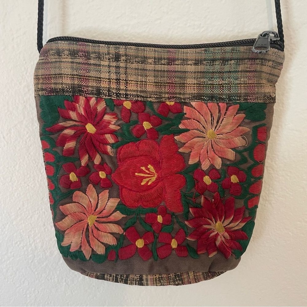 Eucalyptus Boho Multicolor Flowers Plaid Crossbody Bag Handcrafted in Guatemala